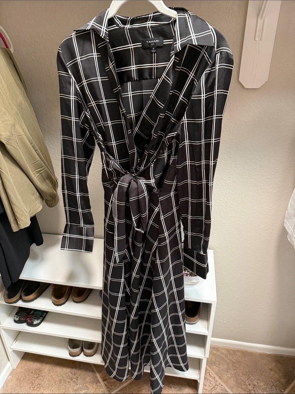 Tahari Black and White Windowpane Wrap Maxi Dress
